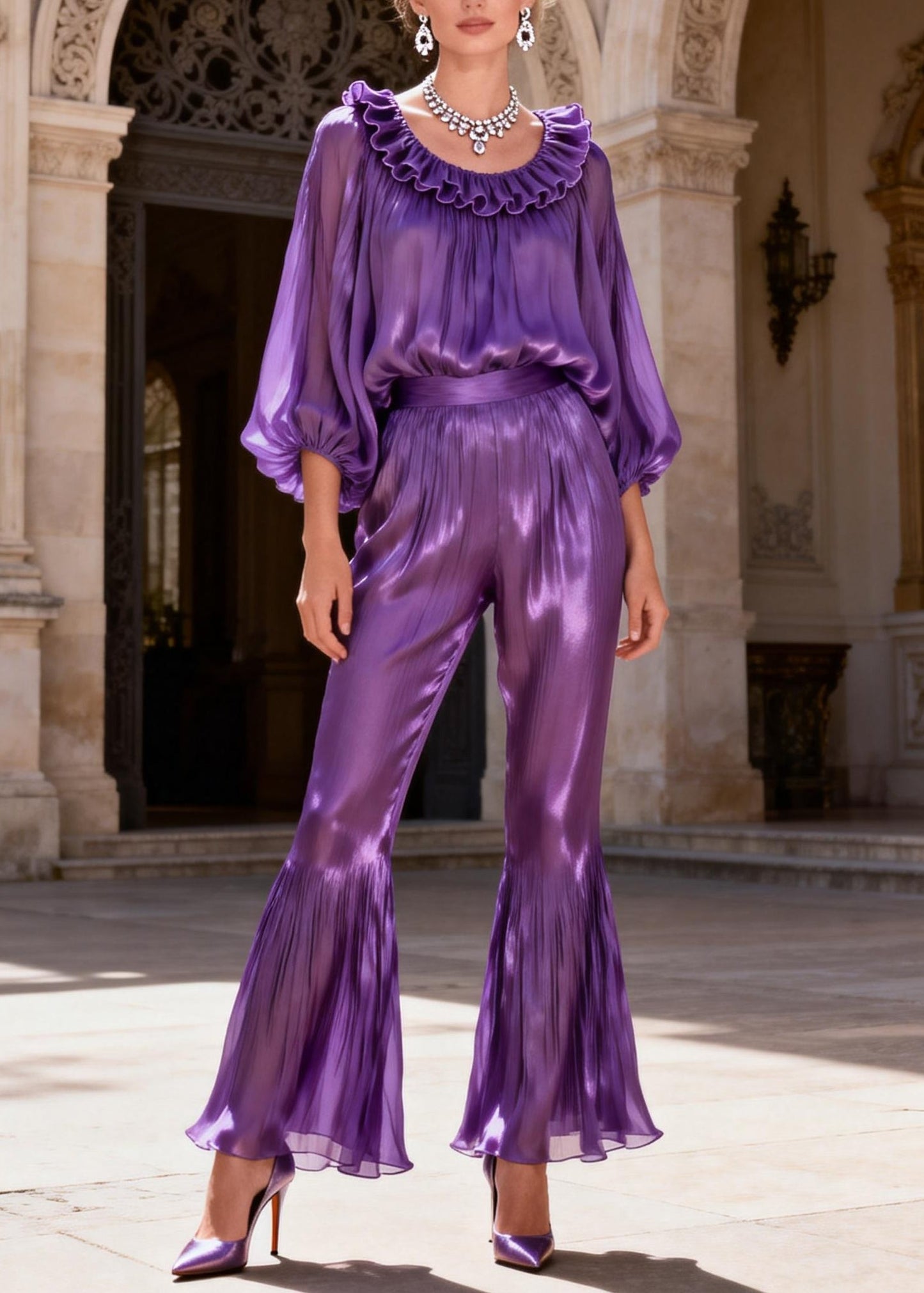 Purple High Waist Silk Two Pieces Set Ruffled Lantern Sleeve