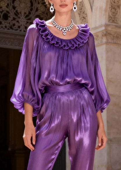Purple High Waist Silk Two Pieces Set Ruffled Lantern Sleeve