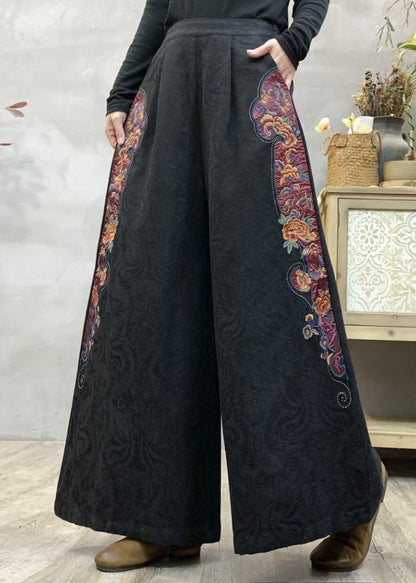Purple Jacquard Linen Wide Leg Pants Embroidered Spring