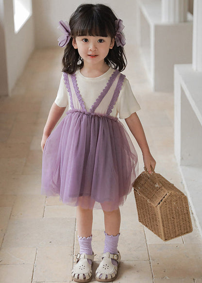 Purple O-neck Tulle Vacation Mid Dresses Short Sleeve