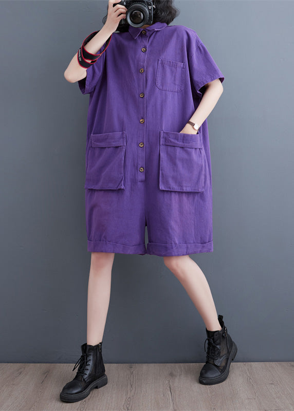 Purple Patchwork Denim Wide Leg Denim Jumpsuit Short Sleeve