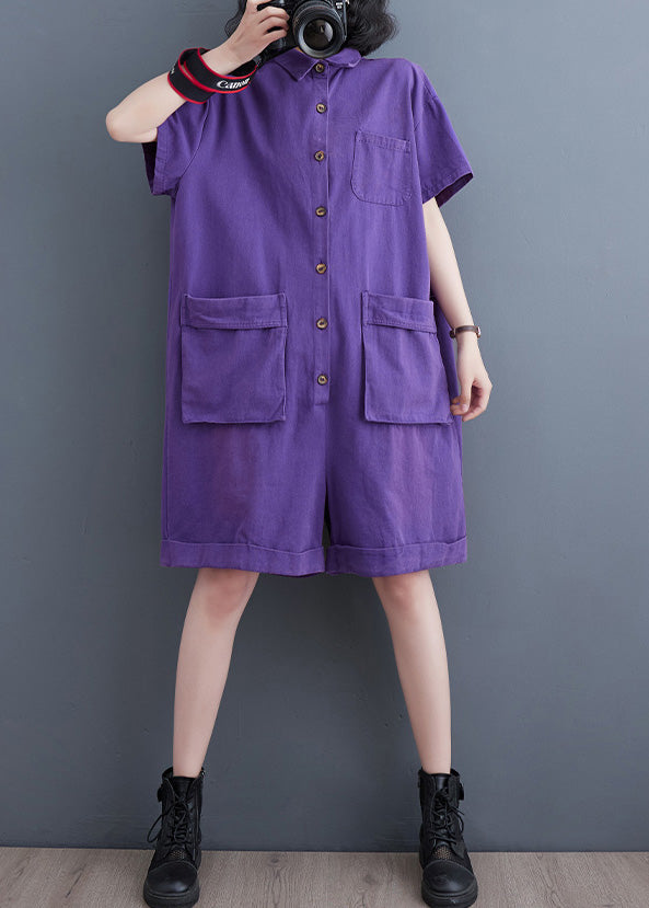 Purple Patchwork Denim Wide Leg Denim Jumpsuit Short Sleeve