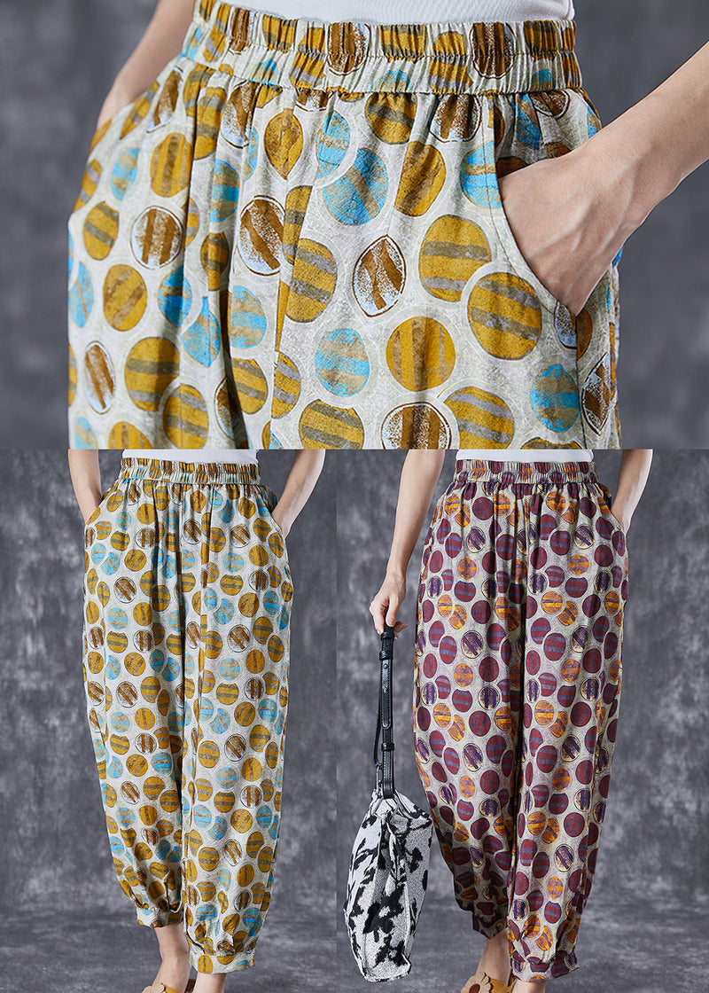 Purple Print Loose Linen Silk Harem Pants Elastic Waist Summer