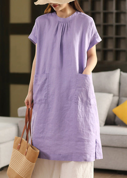Purple Side Open Linen Dress O Neck