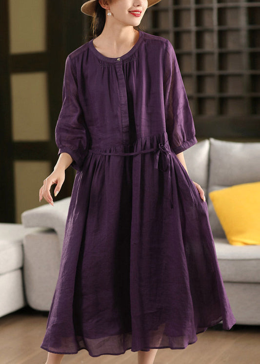Purple Wrinkled Tie Waist Linen Holiday Maxi Dress Summer