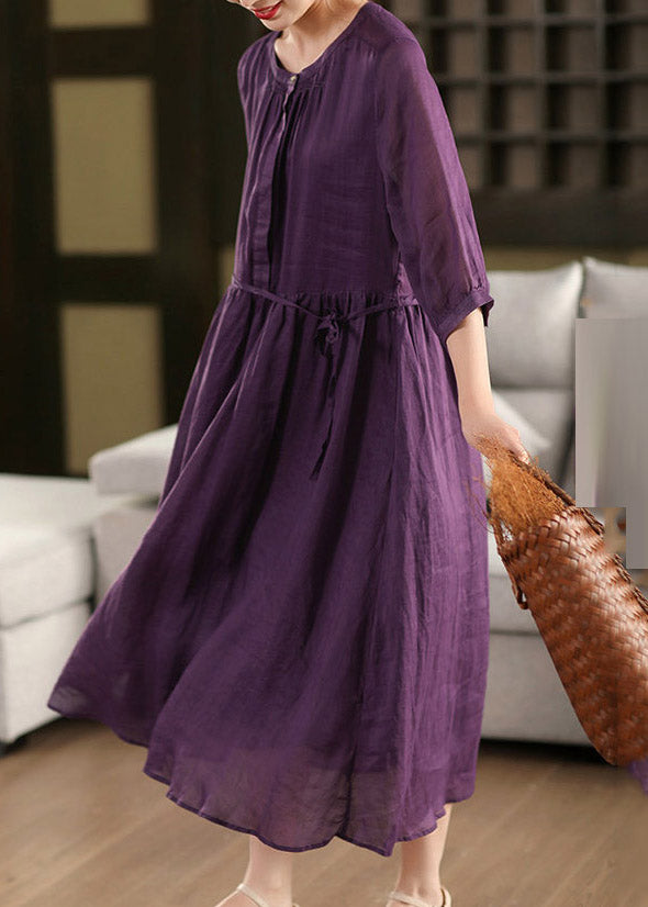 Purple Wrinkled Tie Waist Linen Holiday Maxi Dress Summer