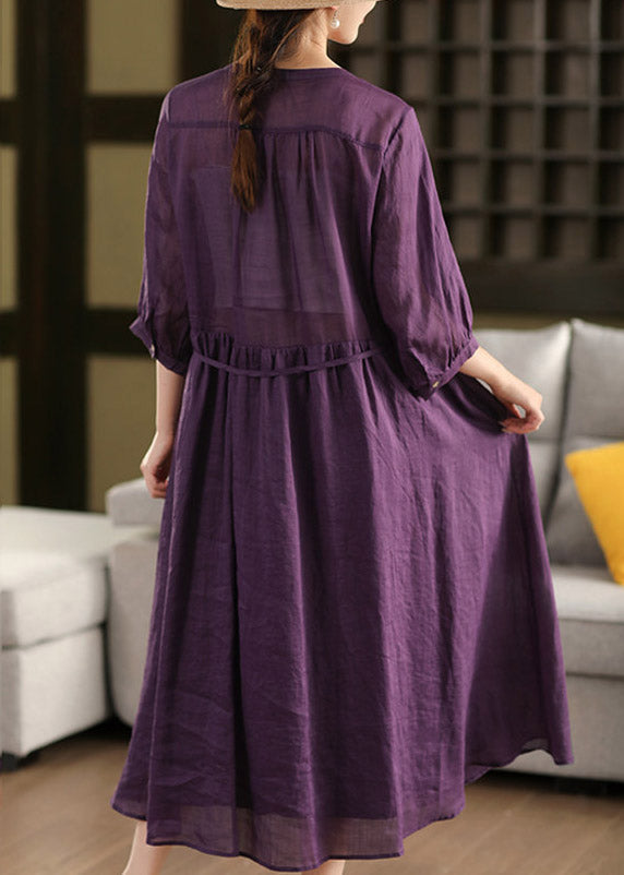 Purple Wrinkled Tie Waist Linen Holiday Maxi Dress Summer