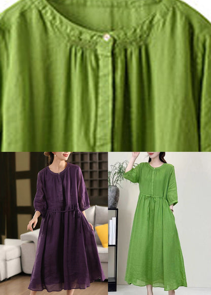 Purple Wrinkled Tie Waist Linen Holiday Maxi Dress Summer