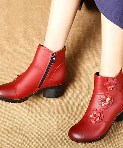 Red Boots Chunky Cowhide Leather Splicing