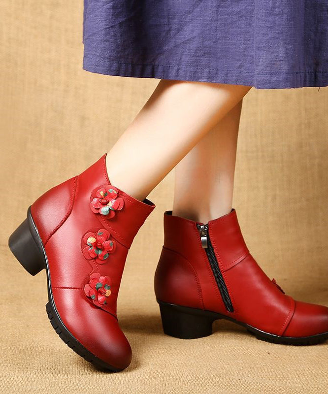 Red Boots Chunky Cowhide Leather Splicing