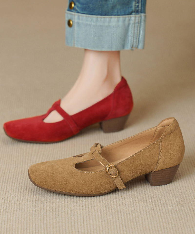 Red Chunky Heel Shoes Suede Splicing Square Toe