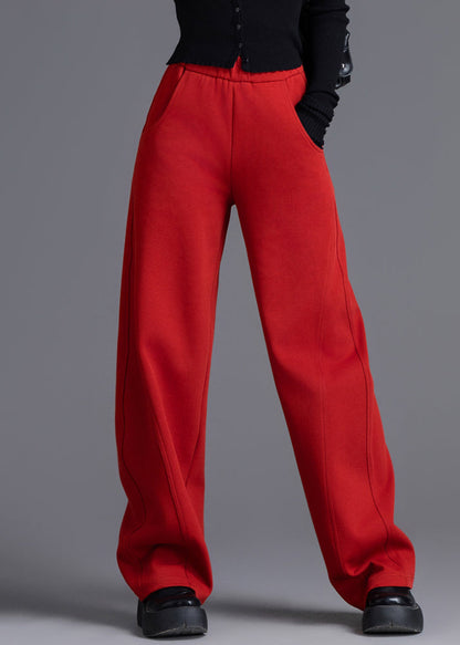 Red Elastic Waist Cotton Spring Pants Pockets