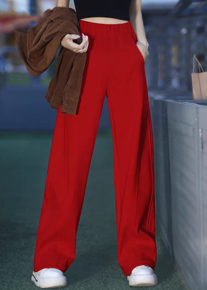 Red Elastic Waist Warm Fleece Pants Pockets