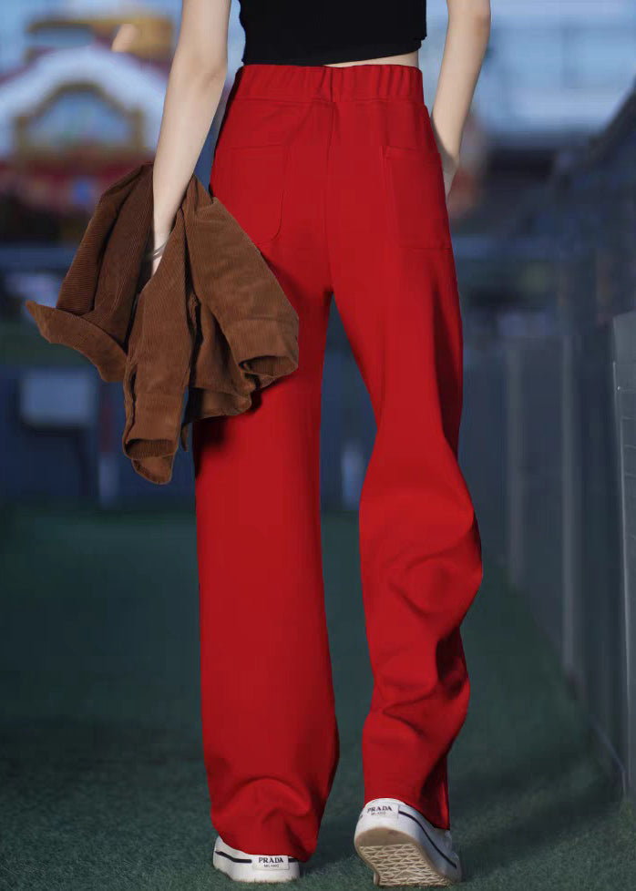 Red Elastic Waist Warm Fleece Pants Pockets