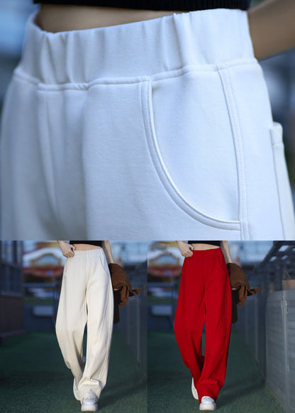 Red Elastic Waist Warm Fleece Pants Pockets