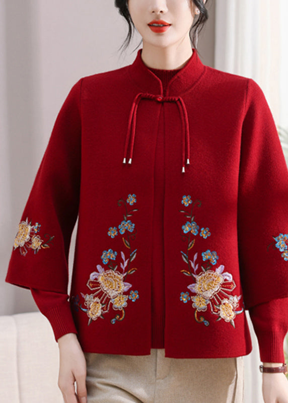 Red Embroidered Cotton Knit Cardigans and Sweater Two Pieces Set Spring