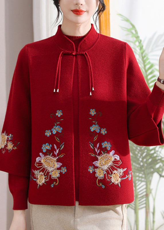 Red Embroidered Cotton Knit Cardigans and Sweater Two Pieces Set Spring