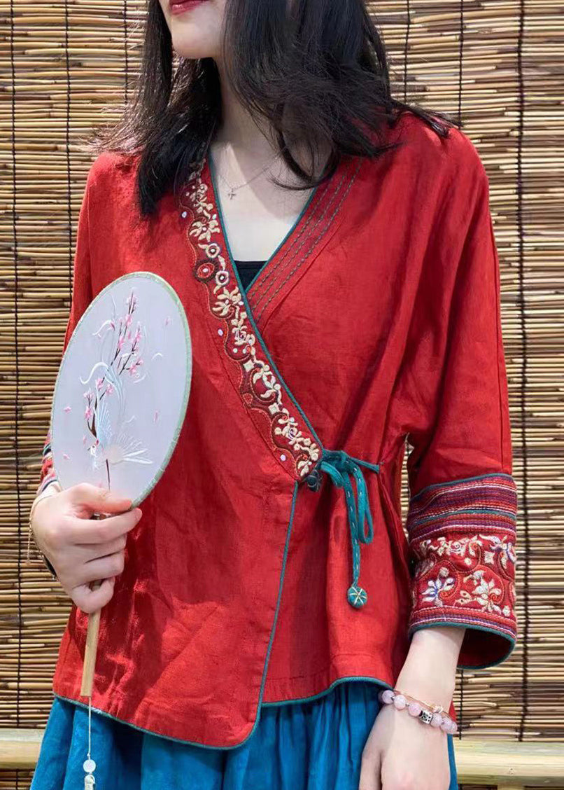 Red Embroideried Tie Waist Linen Top Long Sleeve