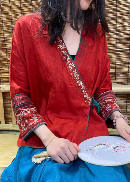 Red Embroideried Tie Waist Linen Top Long Sleeve