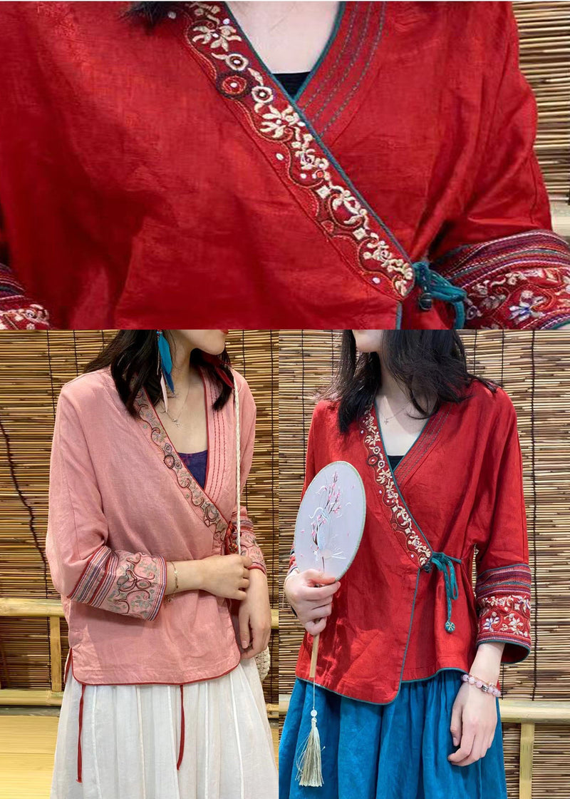 Red Embroideried Tie Waist Linen Top Long Sleeve