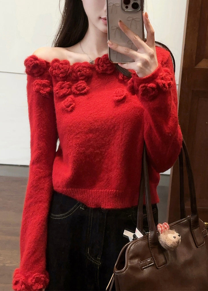 Red Patchwork Knit Sweater Asymmetrical Spring