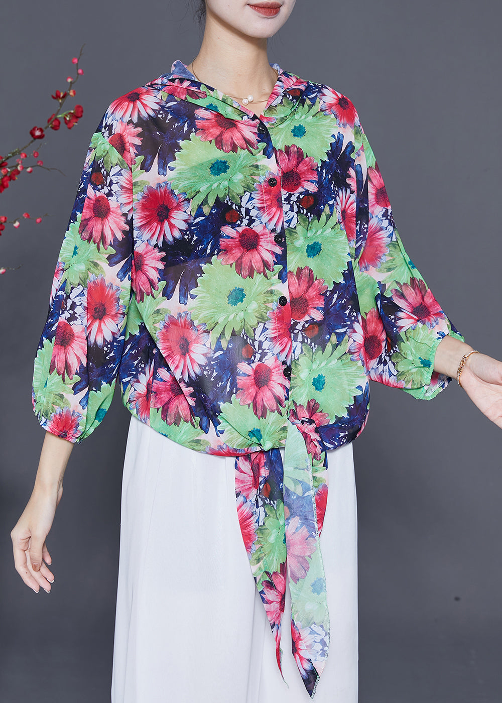 Red Print Chiffon Upf 50+ Shirts Hooded Bracelet Sleeve