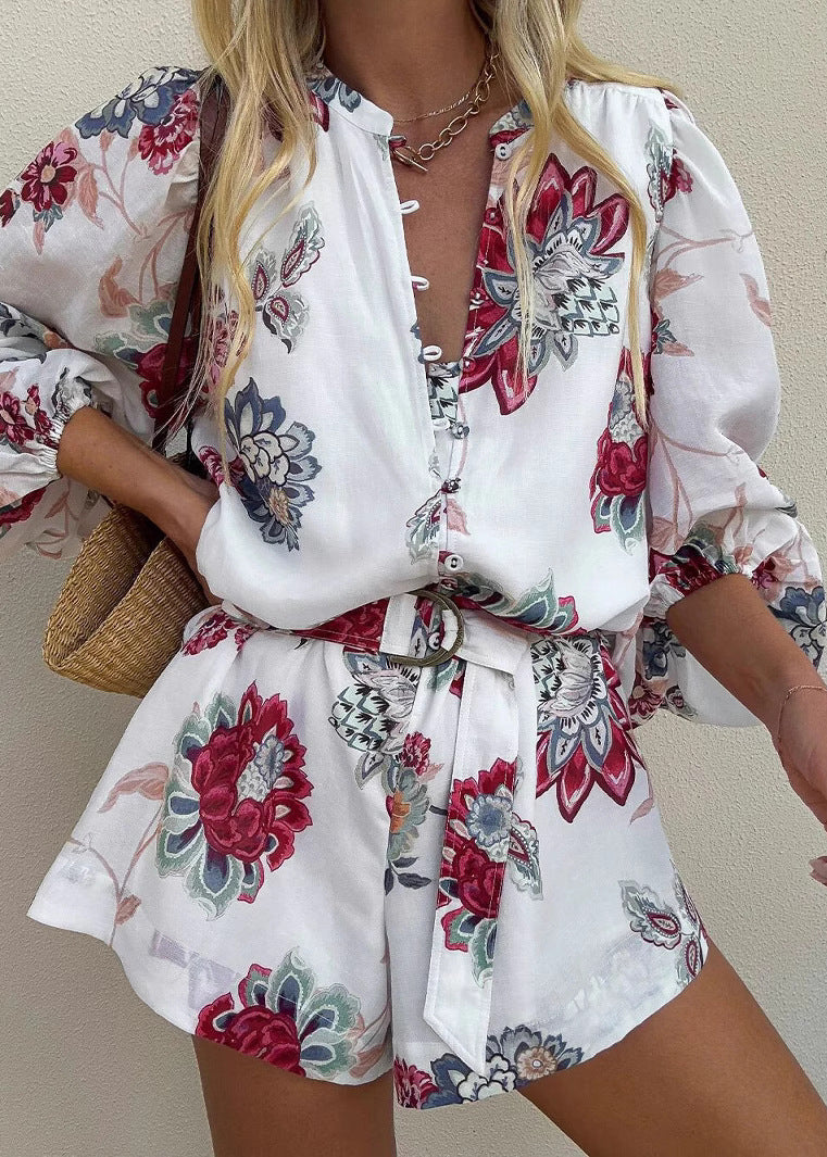Red Print Linen Two Piece Set Oversized Summer