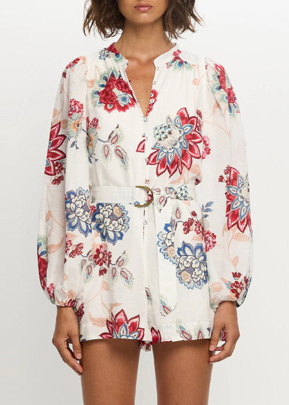 Red Print Linen Two Piece Set Oversized Summer