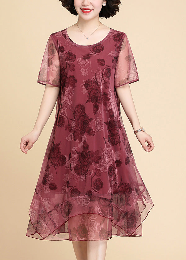 Red O-neck Asymmetrical Long Dresses Short Sleeve