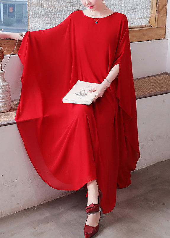 Red O-neck Chiffon Maxi Dress and Wide Leg Pants Two Pieces Set Long Sleeve