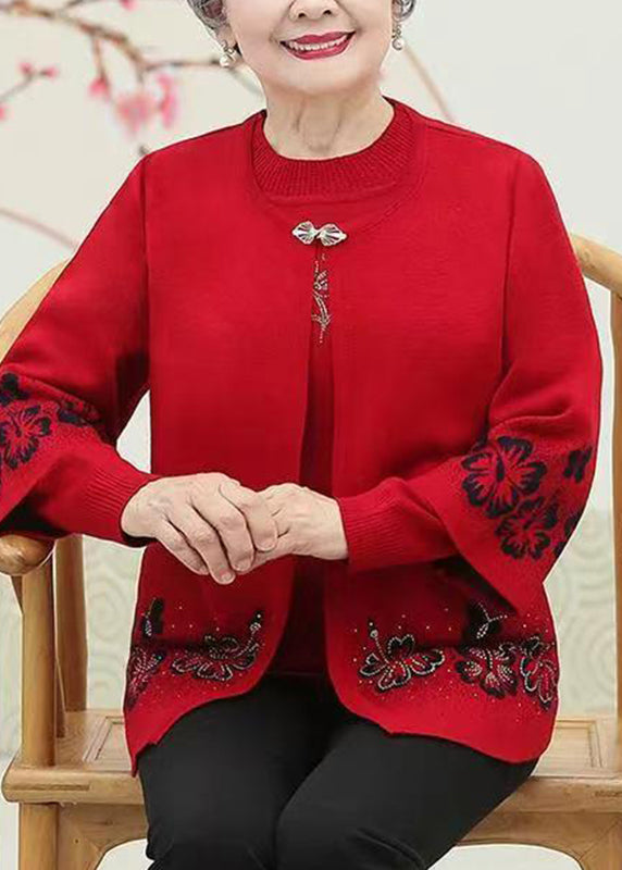 Red O-neck Zircon Cotton Knit Coats and Sweaters Two Pieces Set Spring