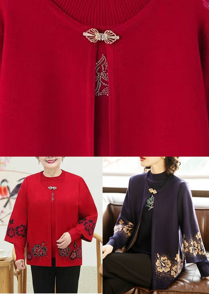 Red O-neck Zircon Cotton Knit Coats and Sweaters Two Pieces Set Spring