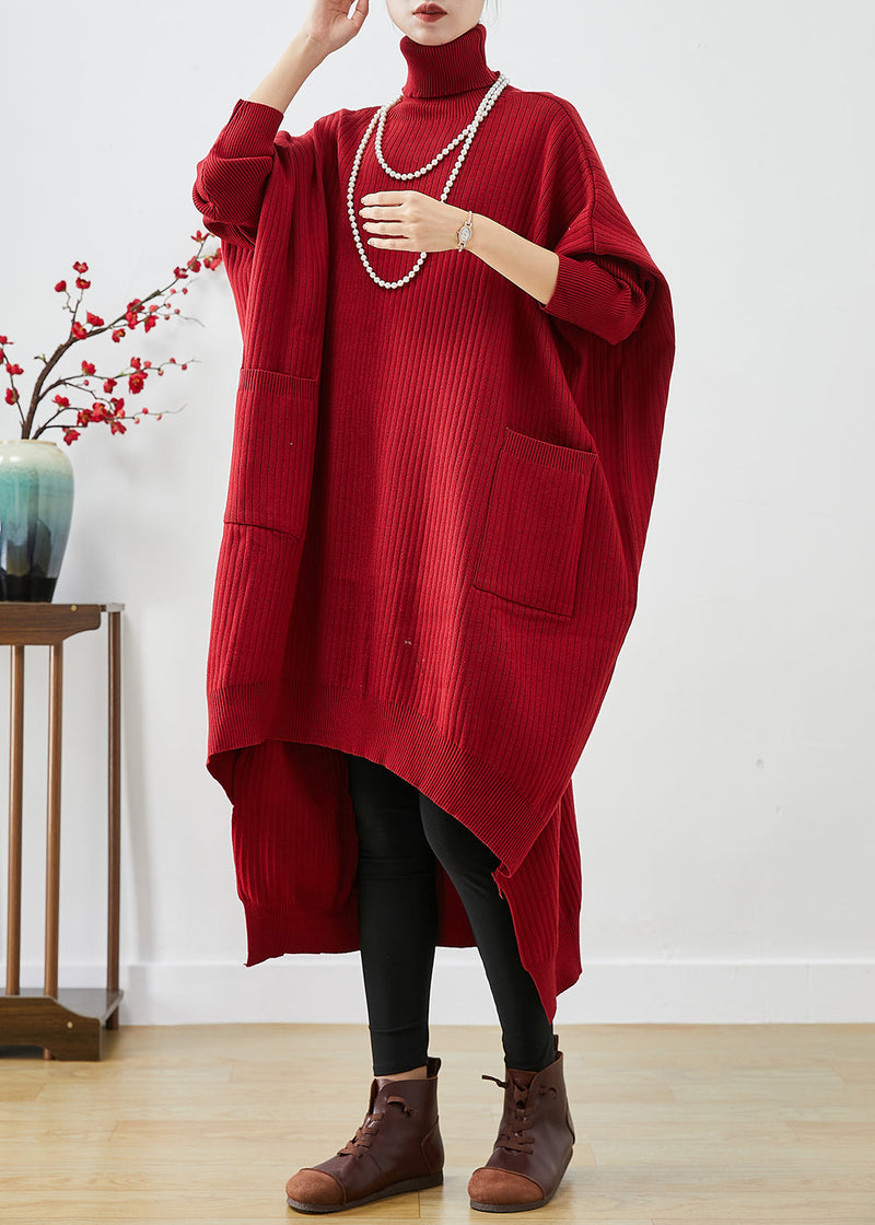 Purple Oversized Knit Sweater Dress Turtle Neck Asymmetrical Batwing Sleeve