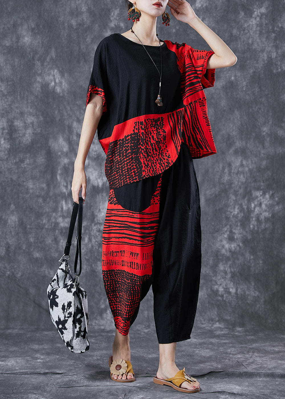 Red Patchwork Cotton Sets 2 Pieces Oversized Print Summer