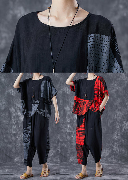 Red Patchwork Cotton Sets 2 Pieces Oversized Print Summer