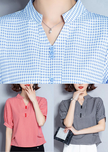 Red Plaid Chiffon Blouses Oversized Wrinkled Short Sleeve