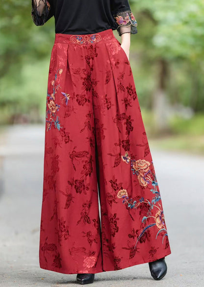 Red Pockets Jacquard Silk Pants Elastic Waist Fall