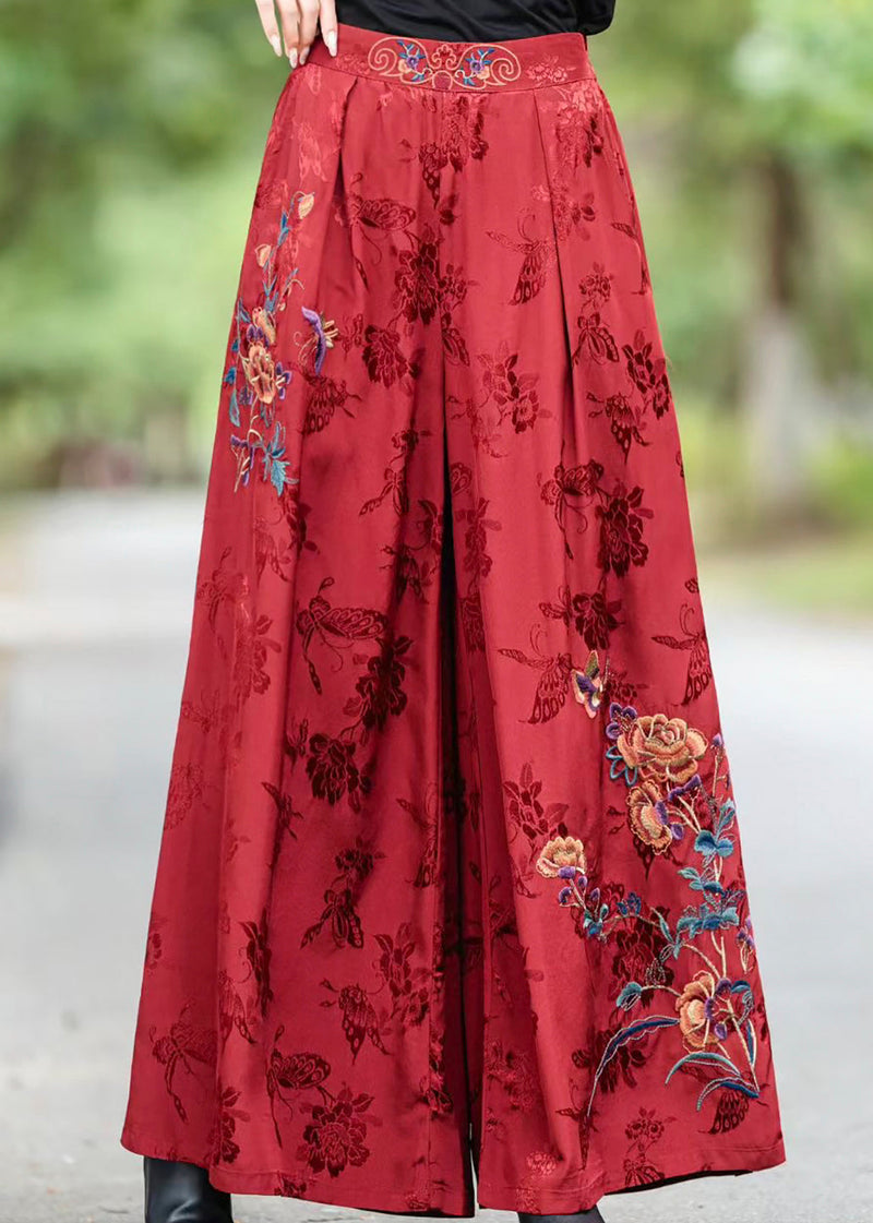 Red Pockets Jacquard Silk Pants Elastic Waist Fall