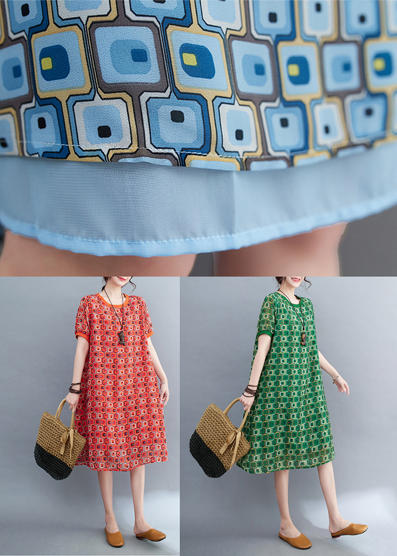 Red Print Chiffon Long Dress O-neck Oversized Summer