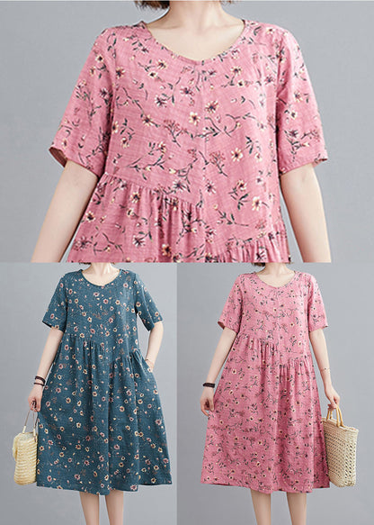 Red Print Linen Holiday Dresses Wrinkled O-neck Short Sleeve