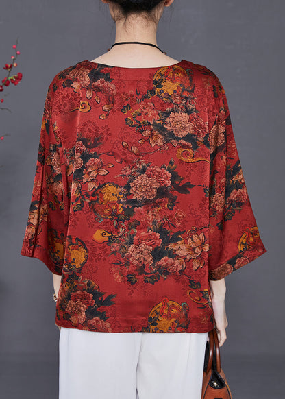 Red Print Loose Silk Shirt Top O-neck Summer