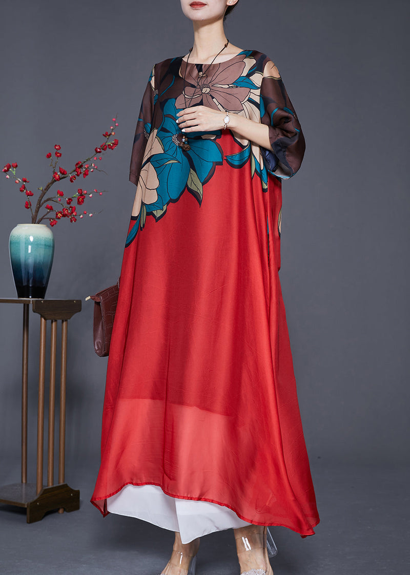 Red Print Silk a Line Dresses Oversized Draping Summer