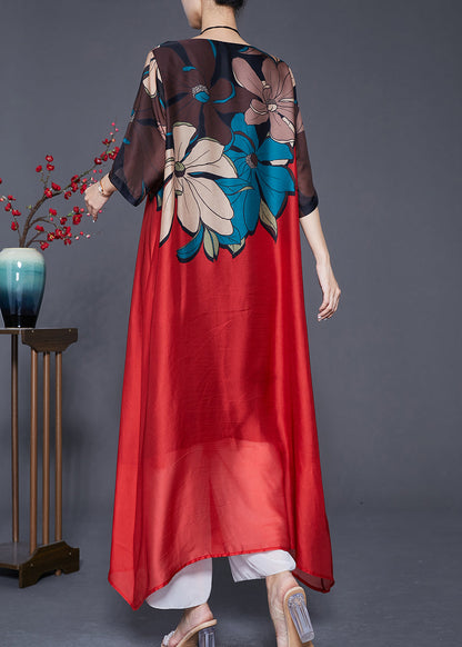 Red Print Silk a Line Dresses Oversized Draping Summer