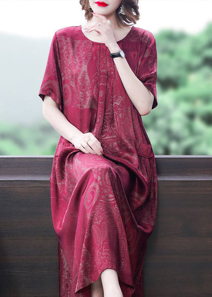 Yellow-cashew Print Silk Long Dress Oversized Pockets Wrinkled Summer