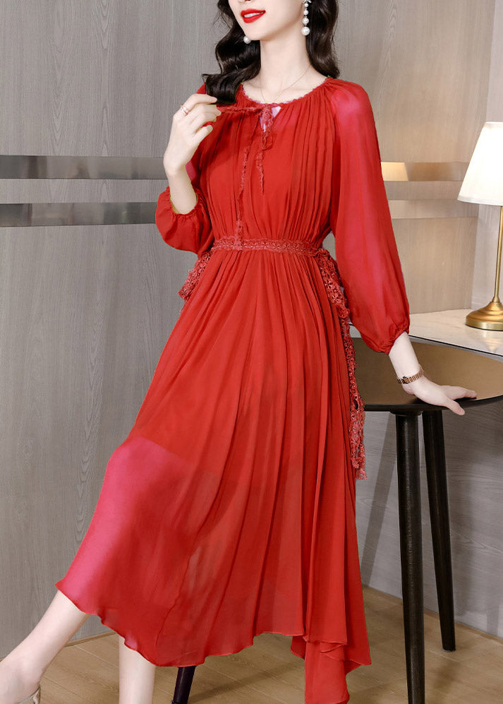Red Tie Waist Chiffon Maxi Dresses Long Sleeve