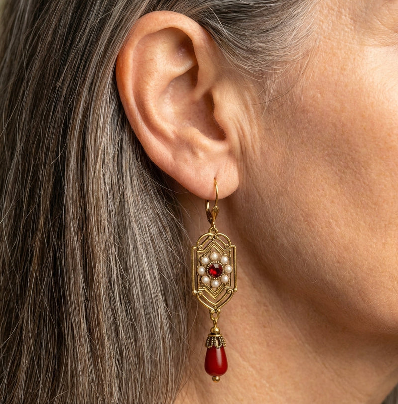 Regal Pearl Red Waterdrop Stone Earrings