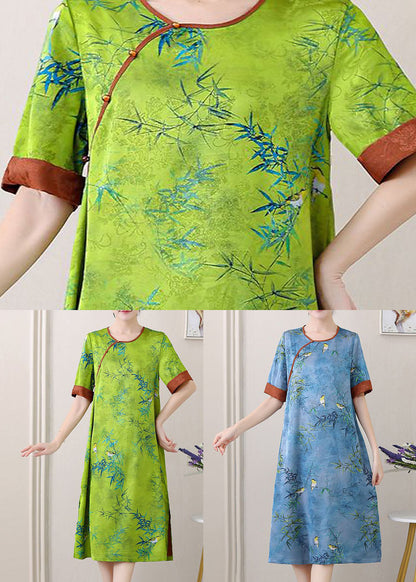 Retro Blue O-neck Jacquard Side Open Patchwork Silk Mid Dress Summer