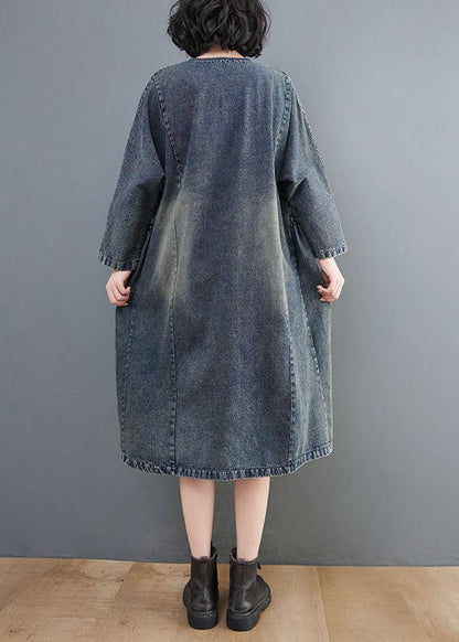 Retro Blue O-neck Patchwork Button Pockets Cotton Denim Dresses Long Sleeve