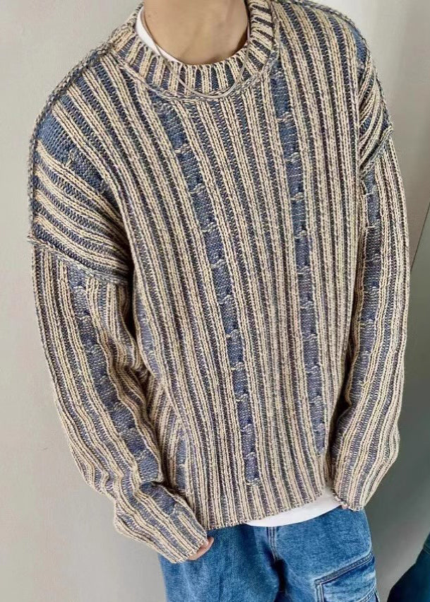 Retro Blue Striped Cozy Knit Sweater Spring