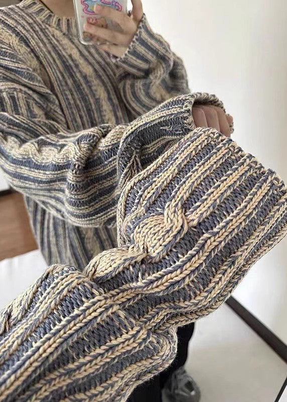 Retro Blue Striped Cozy Knit Sweater Spring
